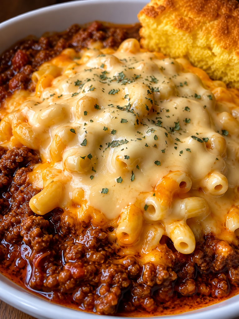 Creamy chili mac and cheese topped with melted cheddar cheese and parsley served with Southern cornbread.