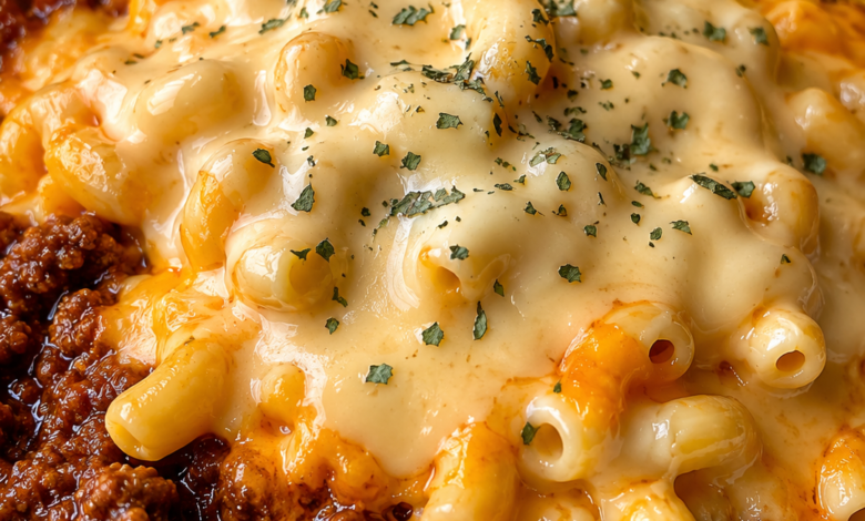Creamy chili mac and cheese topped with melted cheddar cheese and parsley served with Southern cornbread.