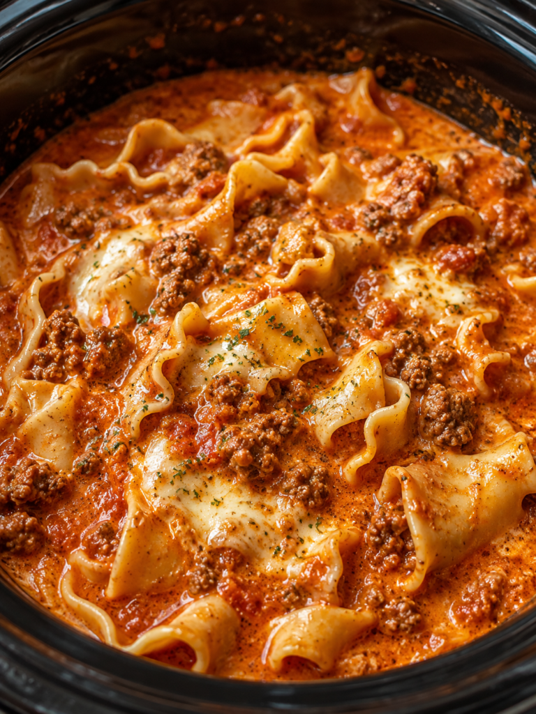 Creamy crockpot lasagna soup with ground beef, mozzarella cheese, tomato broth, and lasagna noodles in a slow cooker.