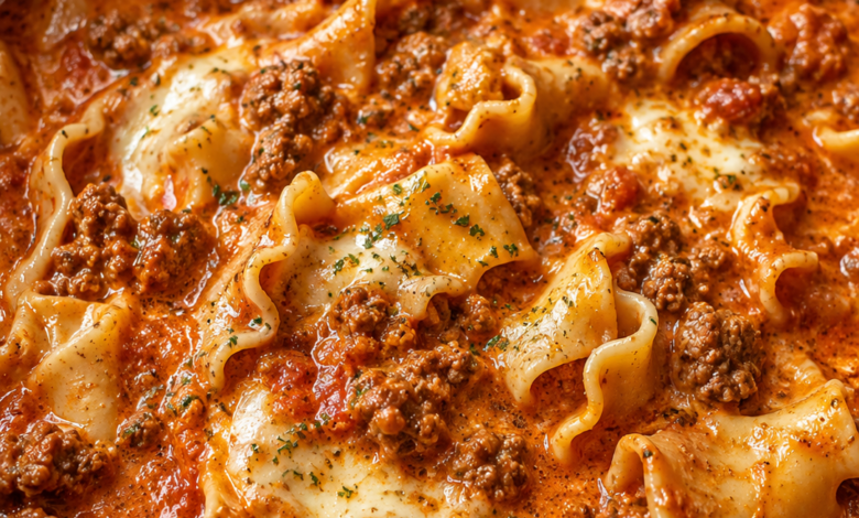 Creamy crockpot lasagna soup with ground beef, mozzarella cheese, tomato broth, and lasagna noodles in a slow cooker.
