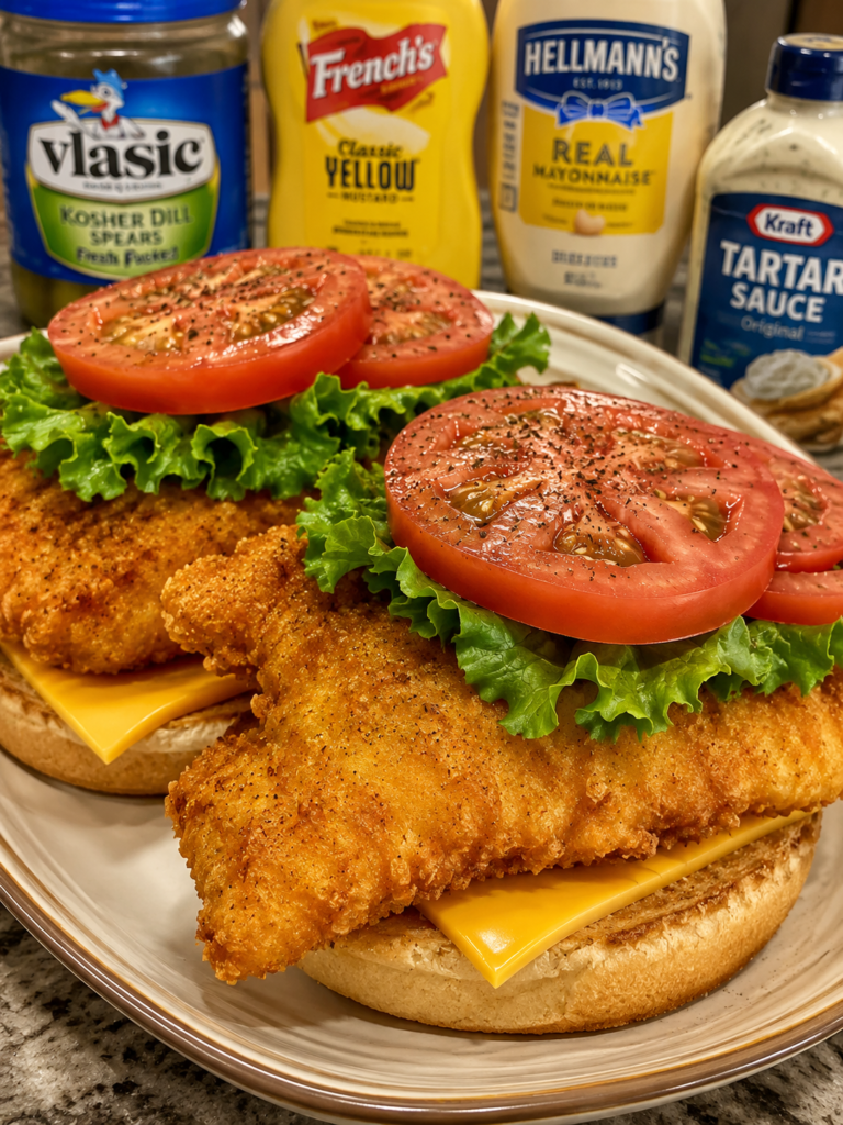 Crispy fried catfish sandwich with American cheese, lettuce, tomato, and Cajun tartar sauce on a toasted bun.