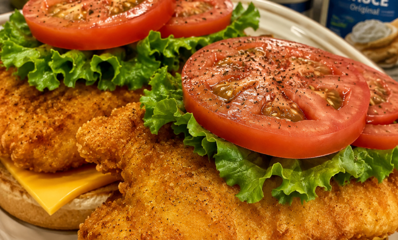 Crispy fried catfish sandwich with American cheese, lettuce, tomato, and Cajun tartar sauce on a toasted bun.