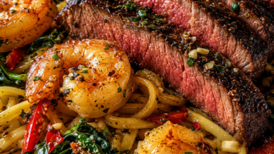 Garlic butter steak and shrimp pasta with linguine, spinach, red peppers, and sliced sirloin steak.