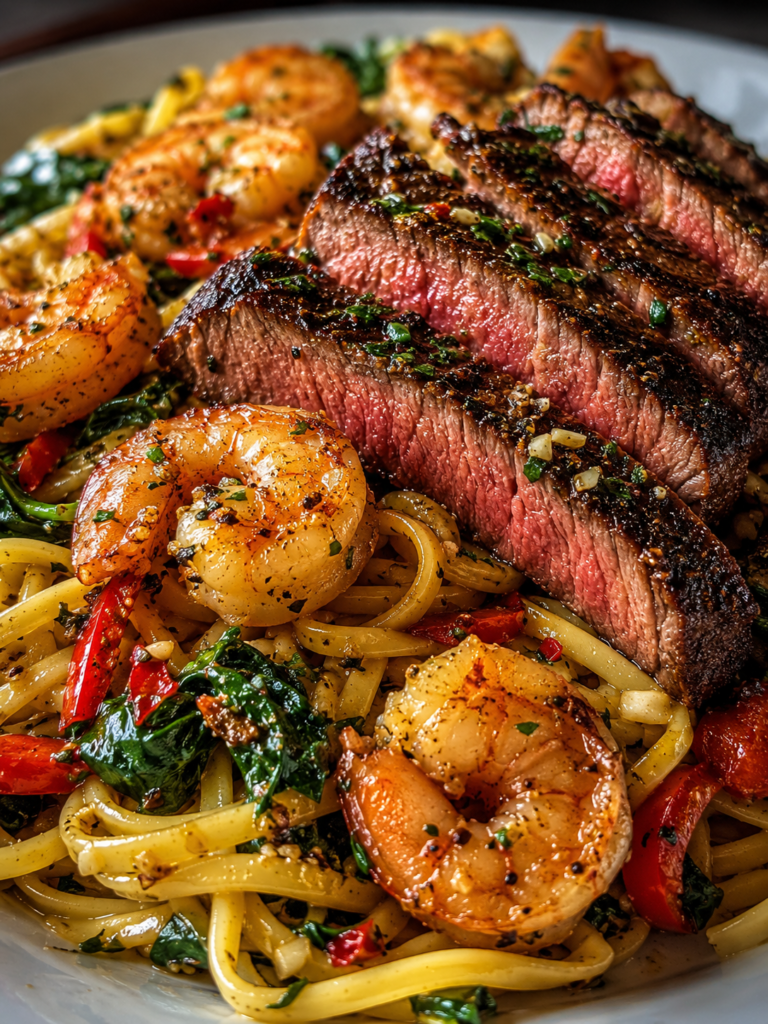 Garlic butter steak and shrimp pasta with linguine, spinach, red peppers, and sliced sirloin steak.
