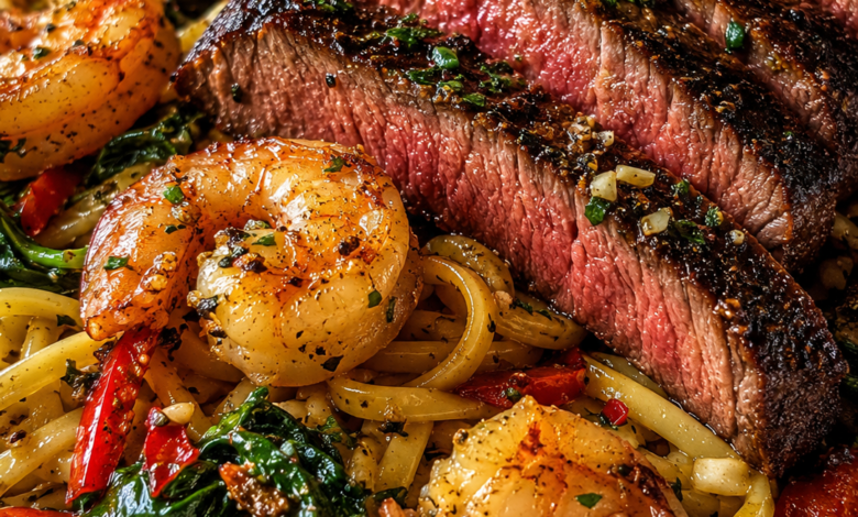Garlic butter steak and shrimp pasta with linguine, spinach, red peppers, and sliced sirloin steak.