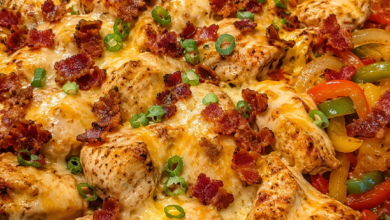 Loaded bacon ranch chicken skillet with melted cheddar, mozzarella, crispy bacon, bell peppers, and green onions in a cast iron pan.