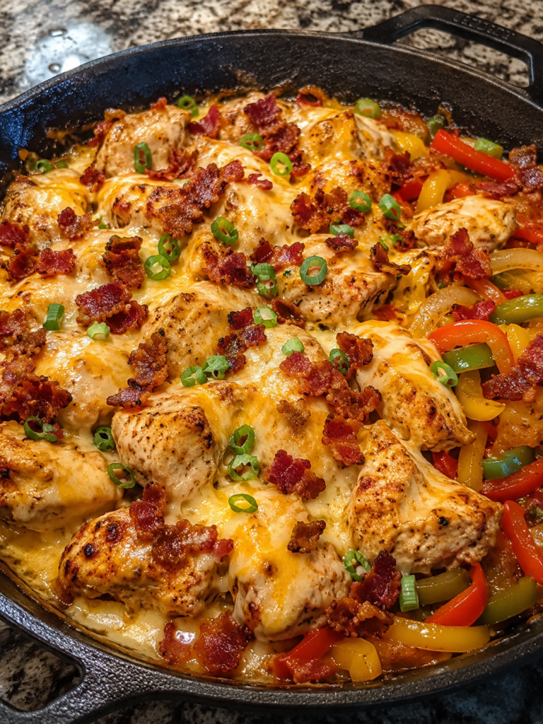 Loaded bacon ranch chicken skillet with melted cheddar, mozzarella, crispy bacon, bell peppers, and green onions in a cast iron pan.