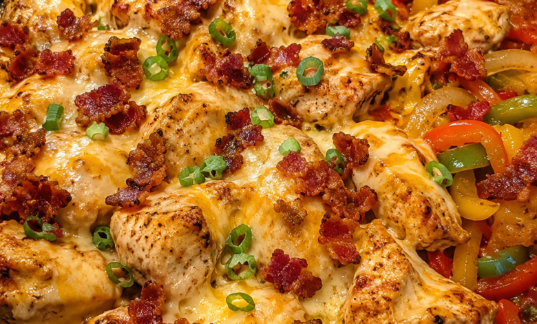 Loaded bacon ranch chicken skillet with melted cheddar, mozzarella, crispy bacon, bell peppers, and green onions in a cast iron pan.