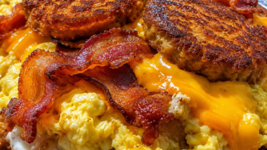 Loaded breakfast hash brown bowl topped with crispy bacon, fluffy scrambled eggs, melted cheddar cheese, and golden hash brown patties.