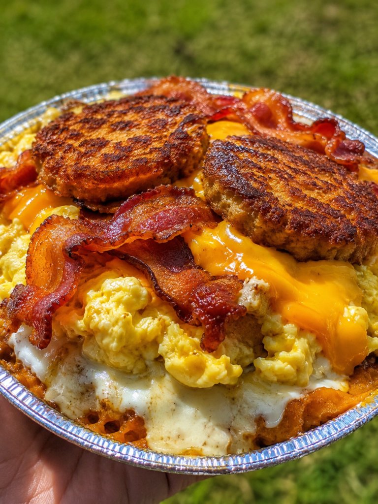 Loaded breakfast hash brown bowl topped with crispy bacon, fluffy scrambled eggs, melted cheddar cheese, and golden hash brown patties.