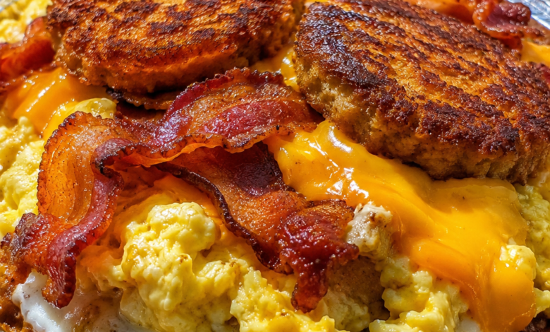 Loaded breakfast hash brown bowl topped with crispy bacon, fluffy scrambled eggs, melted cheddar cheese, and golden hash brown patties.