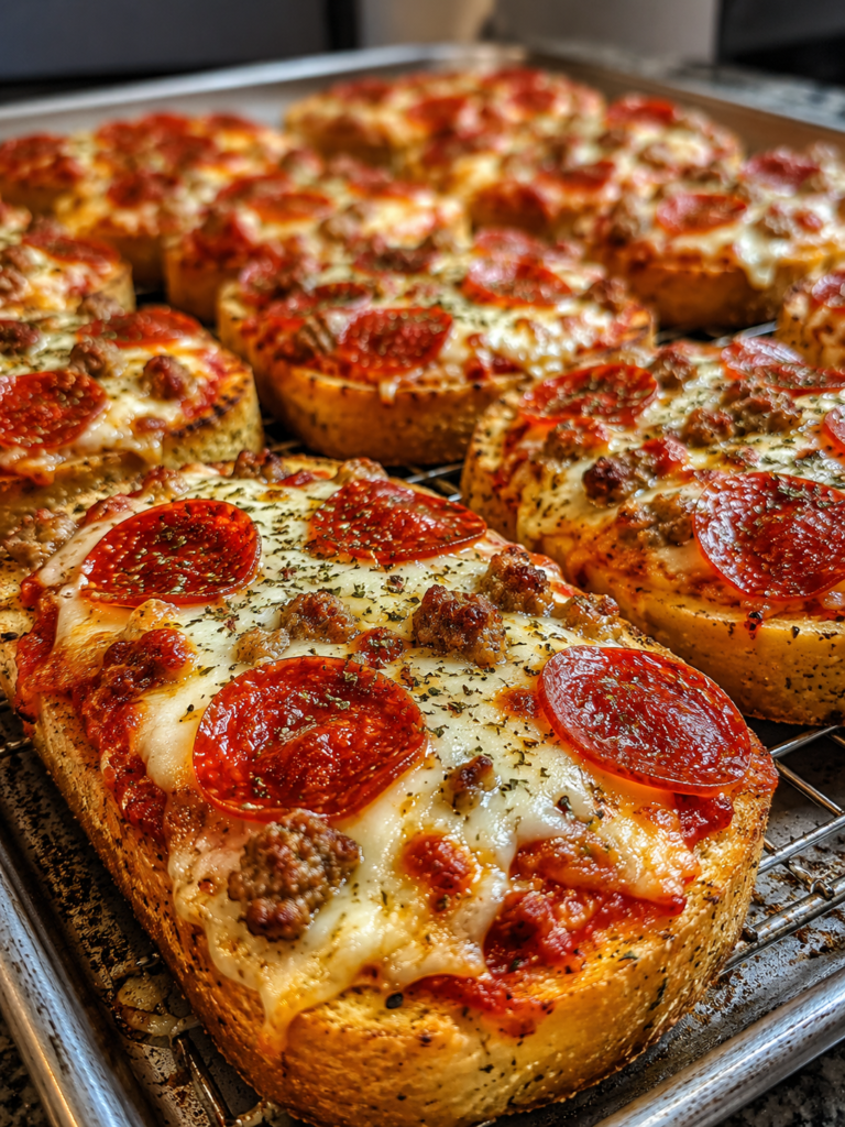 Pepperoni pizza toast made on Texas toast with mozzarella cheese, Italian sausage, and crispy pepperoni.
