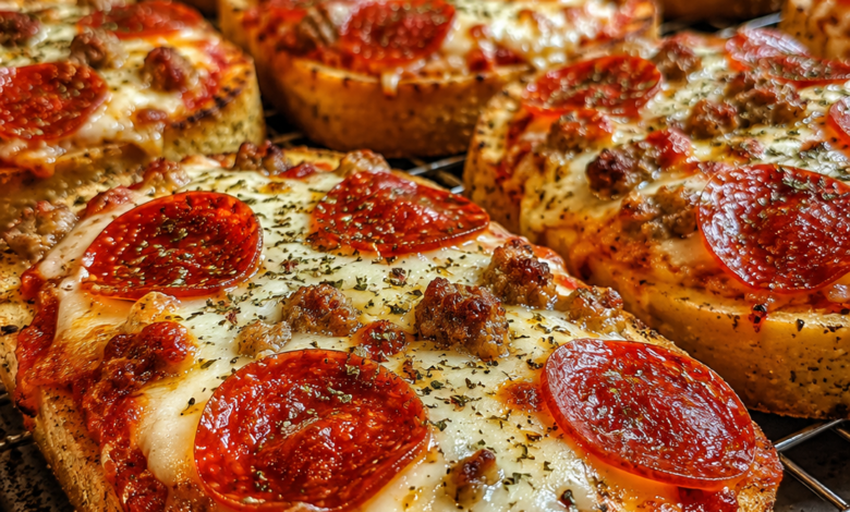 Pepperoni pizza toast made on Texas toast with mozzarella cheese, Italian sausage, and crispy pepperoni.