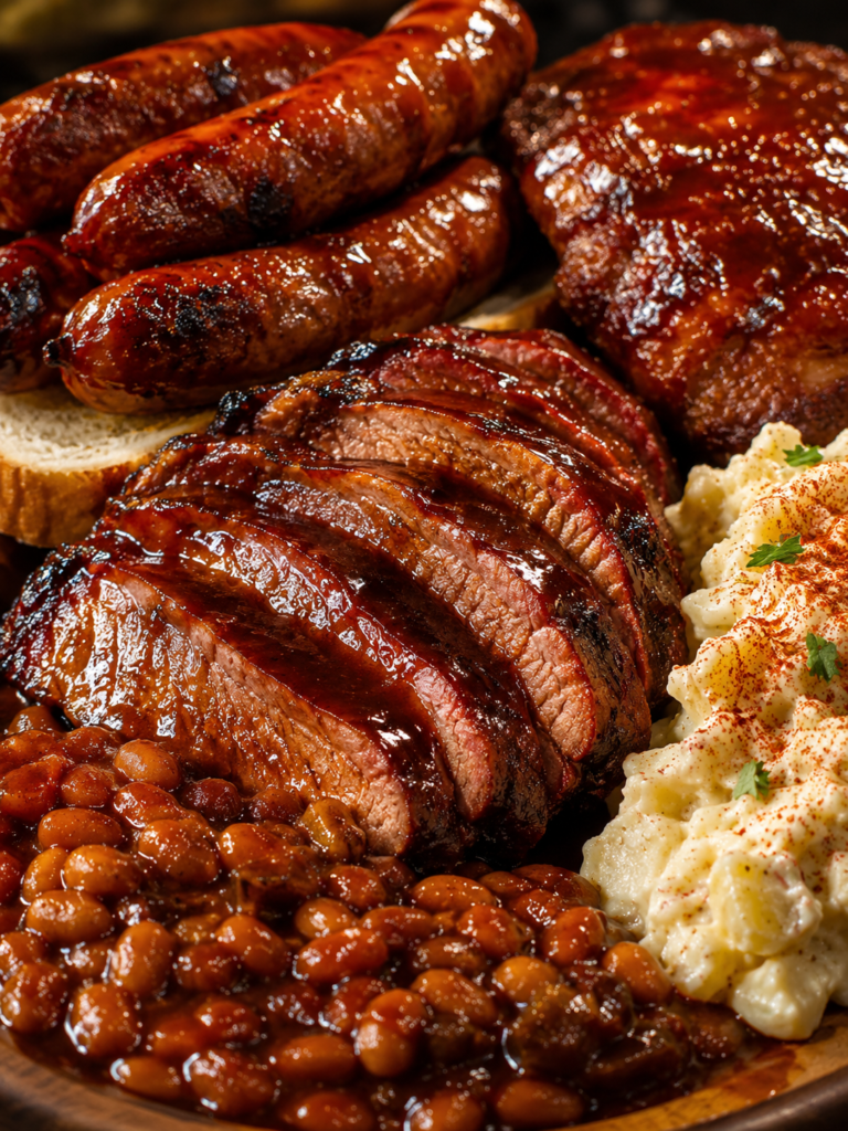 Juicy smoked chuck roast sliced and glazed with barbecue sauce served with baked beans and potato salad