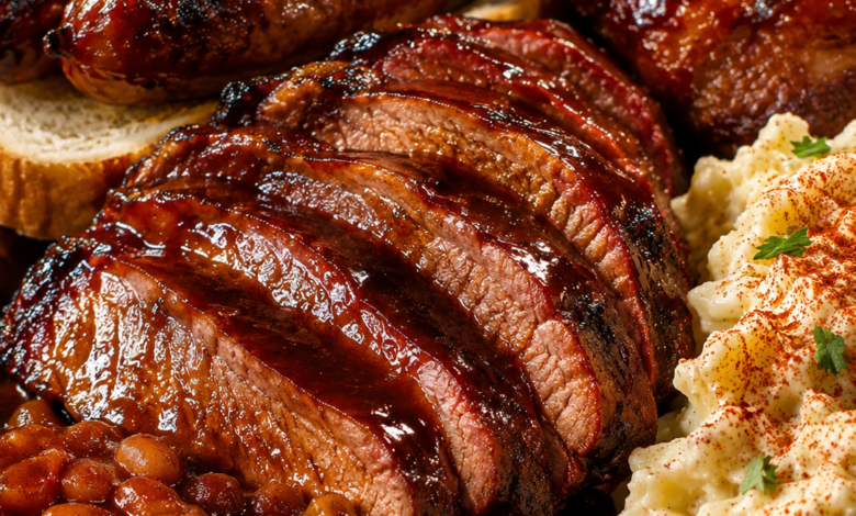 Juicy smoked chuck roast sliced and glazed with barbecue sauce served with baked beans and potato salad