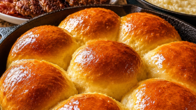 Golden brown Southern skillet dinner rolls baked in cast iron and served with bacon, sausage, eggs, and grits.