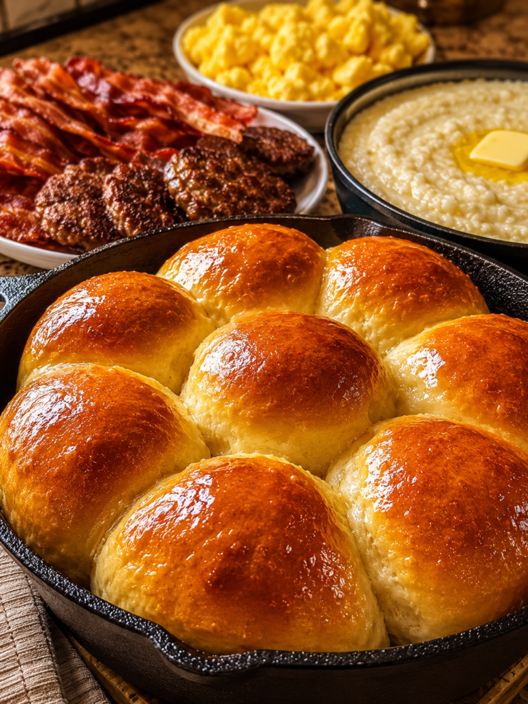 Golden brown Southern skillet dinner rolls baked in cast iron and served with bacon, sausage, eggs, and grits.