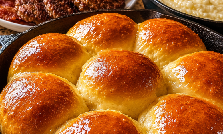 Golden brown Southern skillet dinner rolls baked in cast iron and served with bacon, sausage, eggs, and grits.