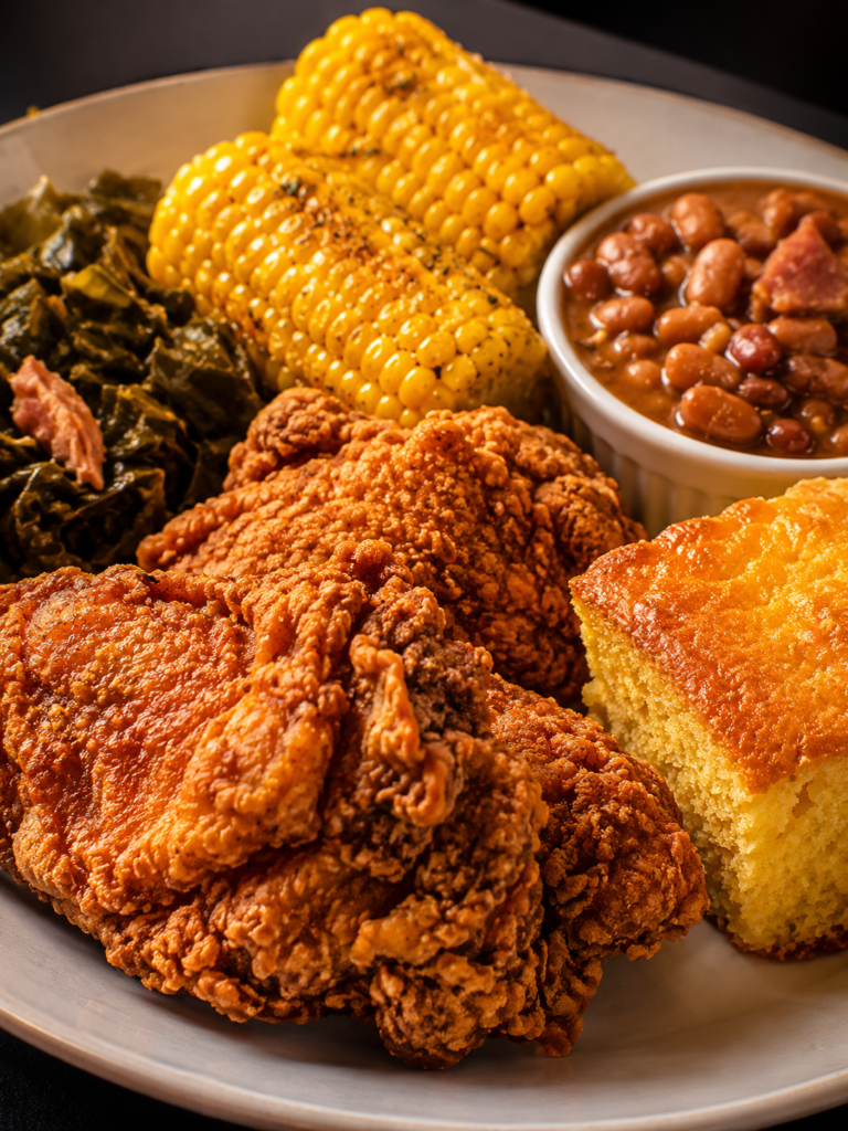 Southern fried chicken dinner plate with cornbread, collard greens, baked beans, and corn on the cob