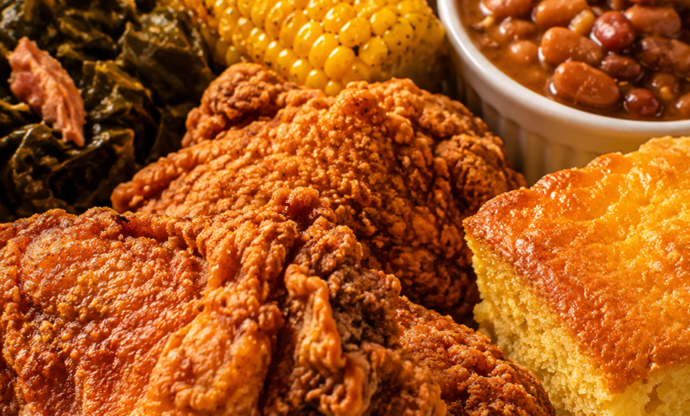 Southern fried chicken dinner plate with cornbread, collard greens, baked beans, and corn on the cob