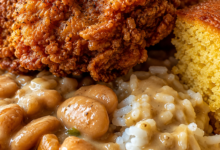 Crispy Southern fried chicken served with pinto beans, white rice, gravy, and homemade cornbread.