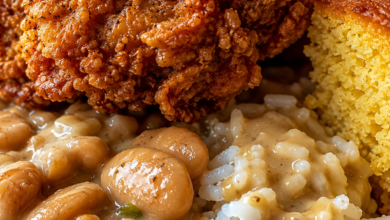 Crispy Southern fried chicken served with pinto beans, white rice, gravy, and homemade cornbread.