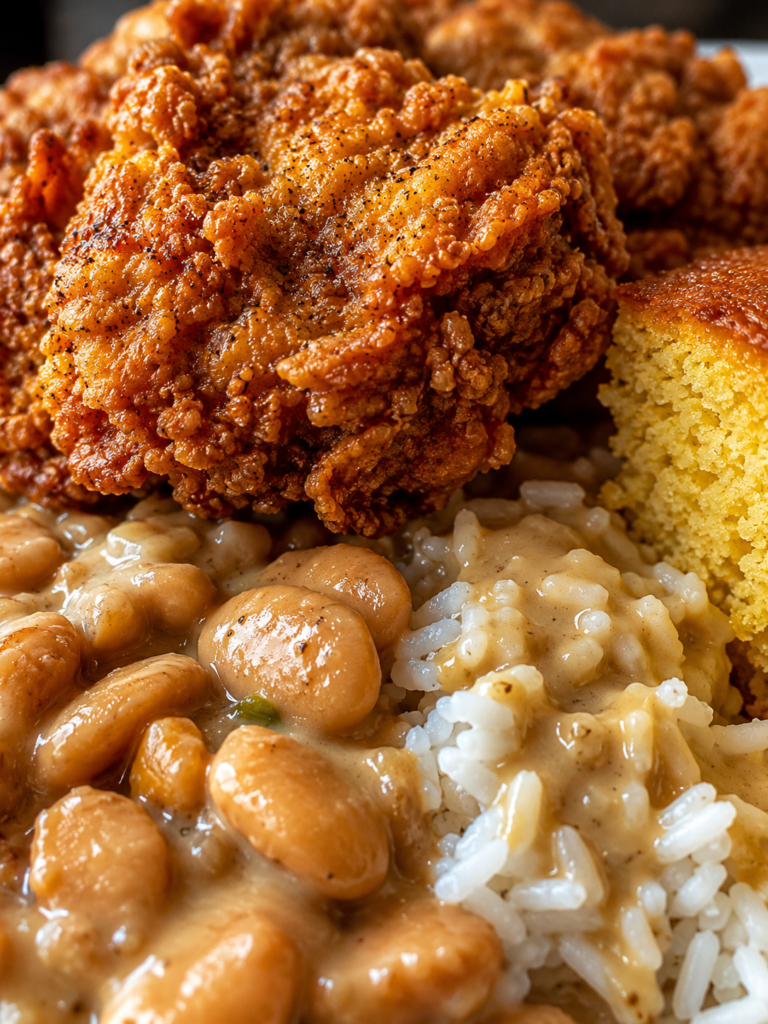 Crispy Southern fried chicken served with pinto beans, white rice, gravy, and homemade cornbread.