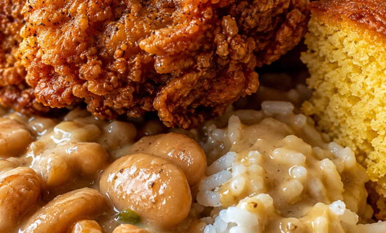Crispy Southern fried chicken served with pinto beans, white rice, gravy, and homemade cornbread.