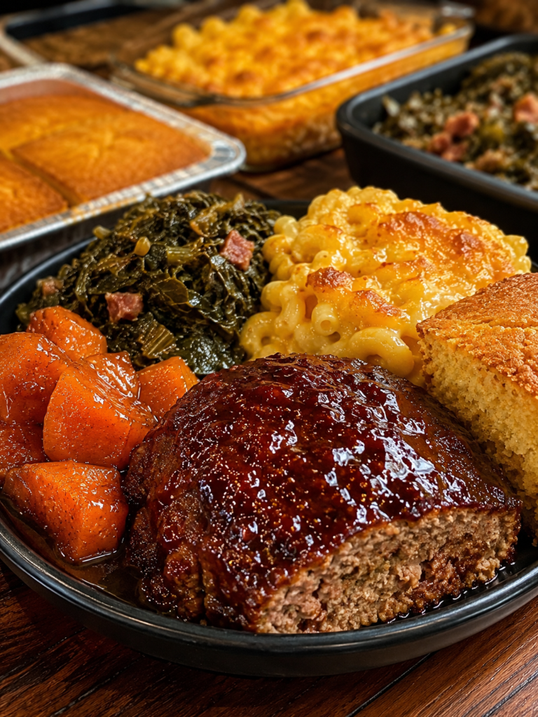 Juicy southern meatloaf with brown sugar glaze served with mac and cheese and collard greens