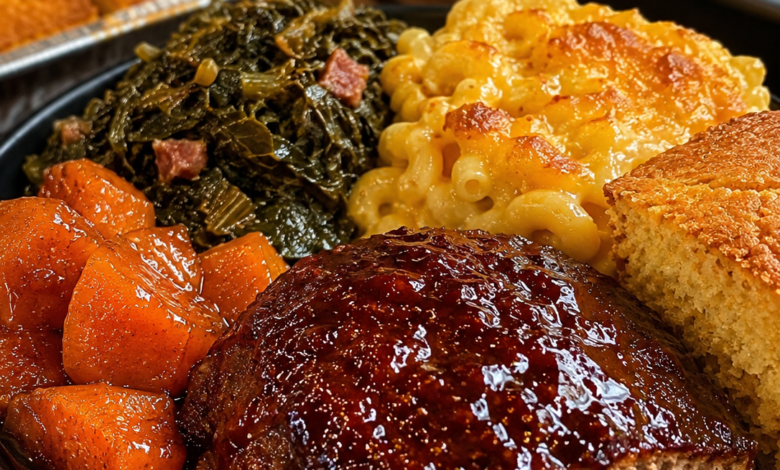 Juicy southern meatloaf with brown sugar glaze served with mac and cheese and collard greens