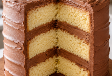 Three-layer vanilla cake with chocolate buttercream frosting and rustic swirl finish.