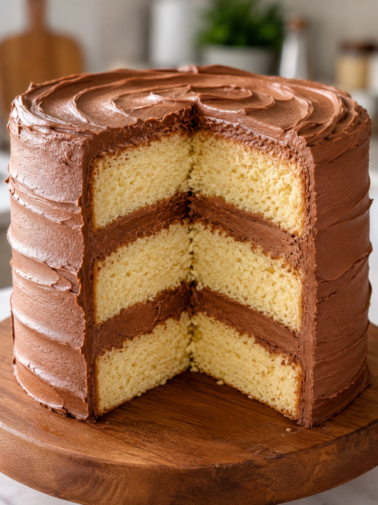 Three-layer vanilla cake with chocolate buttercream frosting and rustic swirl finish.