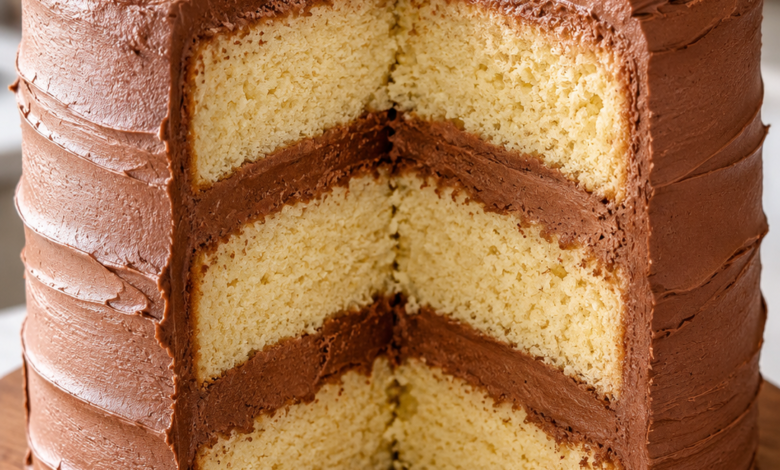 Three-layer vanilla cake with chocolate buttercream frosting and rustic swirl finish.