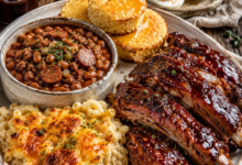 Sticky oven-baked BBQ baby back ribs served with creamy baked mac and cheese, Southern baked beans, honey butter cornbread, and bacon deviled eggs on a rustic dinner plate.