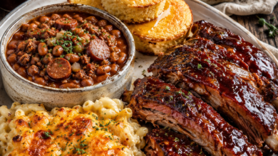 Sticky oven-baked BBQ baby back ribs served with creamy baked mac and cheese, Southern baked beans, honey butter cornbread, and bacon deviled eggs on a rustic dinner plate.