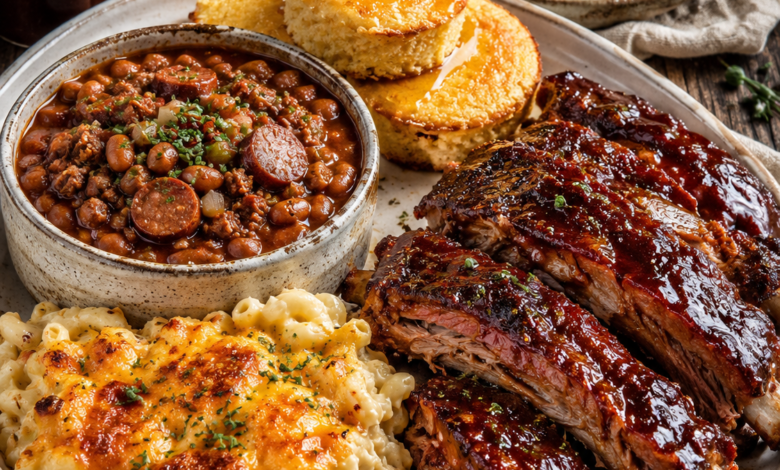 Sticky oven-baked BBQ baby back ribs served with creamy baked mac and cheese, Southern baked beans, honey butter cornbread, and bacon deviled eggs on a rustic dinner plate.