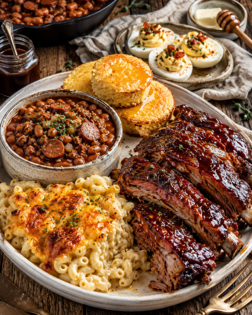Sticky oven-baked BBQ baby back ribs served with creamy baked mac and cheese, Southern baked beans, honey butter cornbread, and bacon deviled eggs on a rustic dinner plate.
