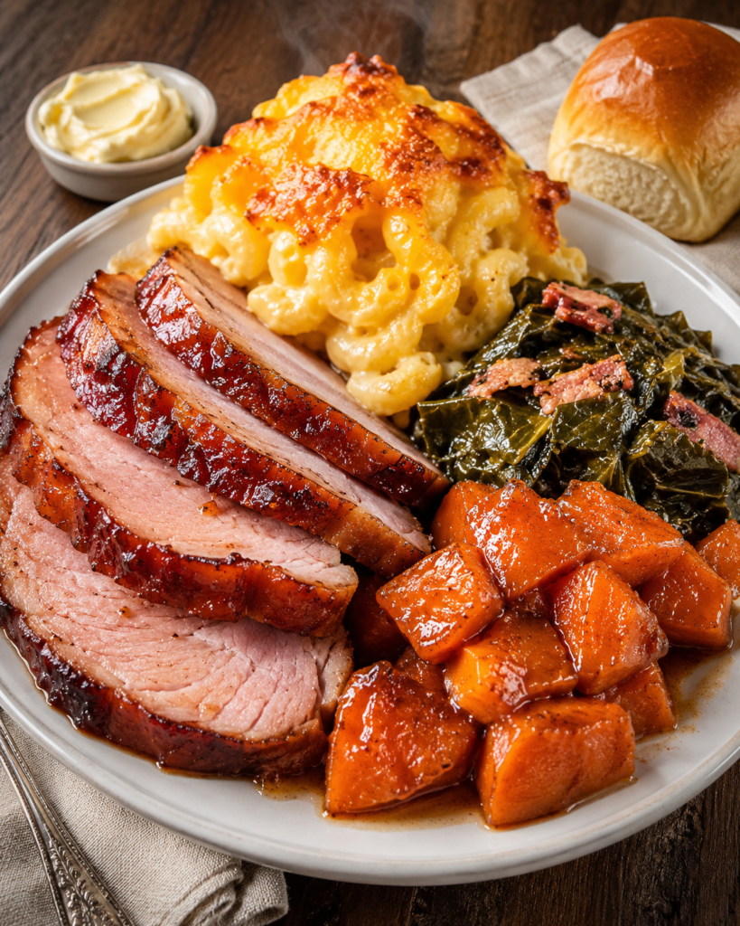 Honey glazed baked ham served with creamy mac and cheese, Southern collard greens, and candied sweet potatoes on a white dinner plate.