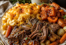 Fork-tender pot roast with rich brown gravy, creamy baked mac and cheese, roasted sweet potatoes, carrots, potatoes, and pearl onions served on a rustic dinner plate.