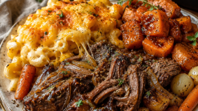 Fork-tender pot roast with rich brown gravy, creamy baked mac and cheese, roasted sweet potatoes, carrots, potatoes, and pearl onions served on a rustic dinner plate.