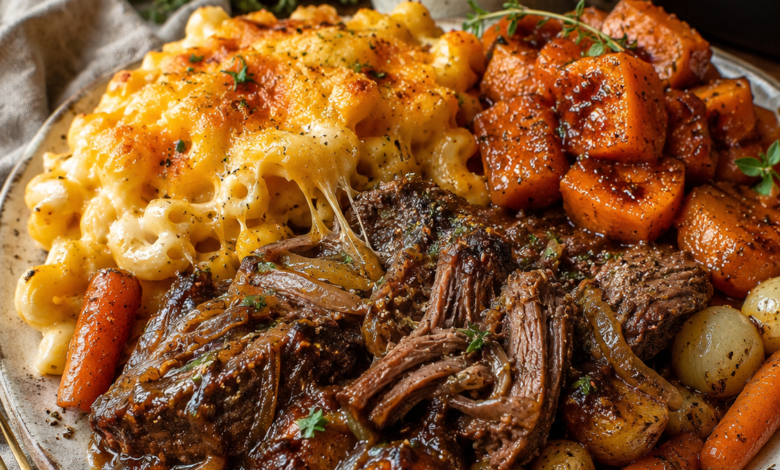 Fork-tender pot roast with rich brown gravy, creamy baked mac and cheese, roasted sweet potatoes, carrots, potatoes, and pearl onions served on a rustic dinner plate.
