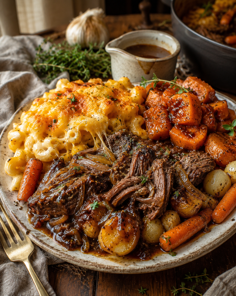 Fork-tender pot roast with rich brown gravy, creamy baked mac and cheese, roasted sweet potatoes, carrots, potatoes, and pearl onions served on a rustic dinner plate.