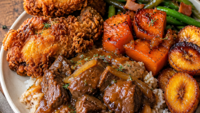 Southern soul food dinner featuring crispy buttermilk fried chicken, smothered beef tips over white rice, candied yams, caramelized plantains, and green beans with bacon on a rustic dinner plate.