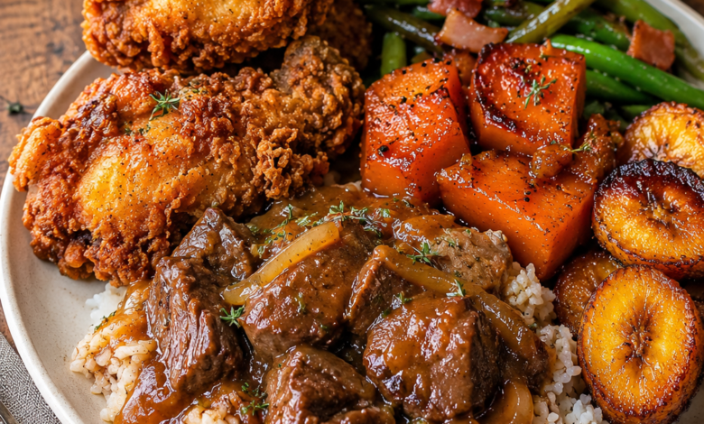 Southern soul food dinner featuring crispy buttermilk fried chicken, smothered beef tips over white rice, candied yams, caramelized plantains, and green beans with bacon on a rustic dinner plate.