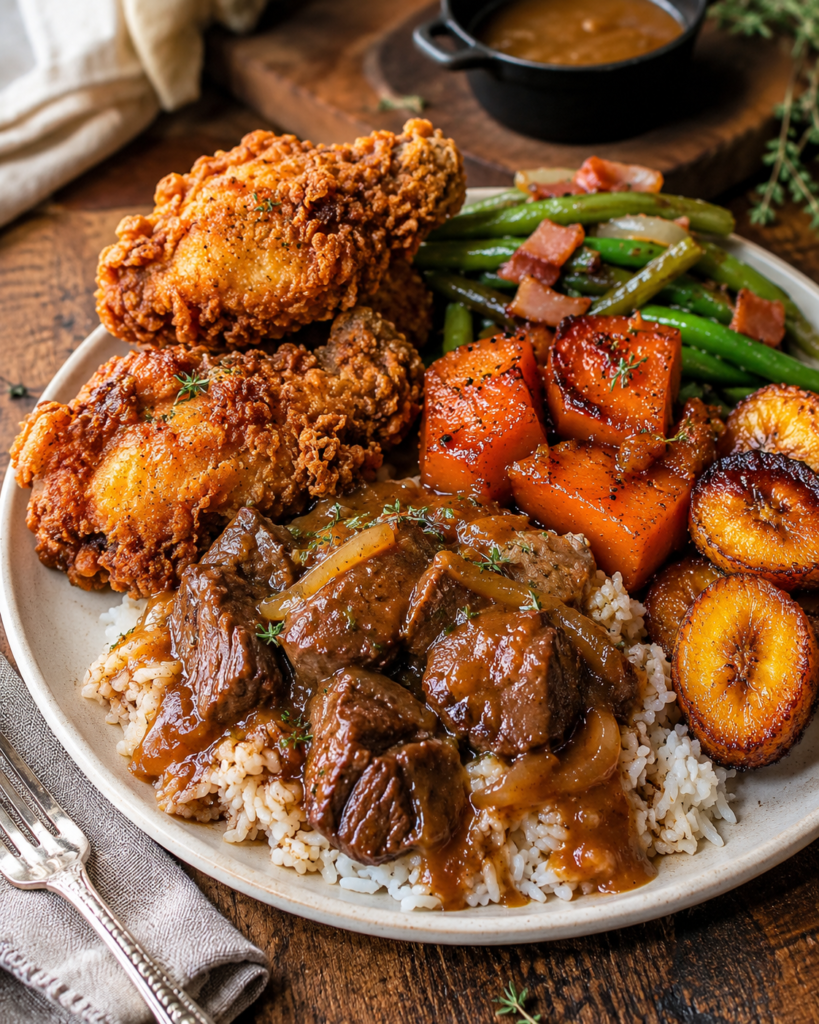 Southern soul food dinner featuring crispy buttermilk fried chicken, smothered beef tips over white rice, candied yams, caramelized plantains, and green beans with bacon on a rustic dinner plate.